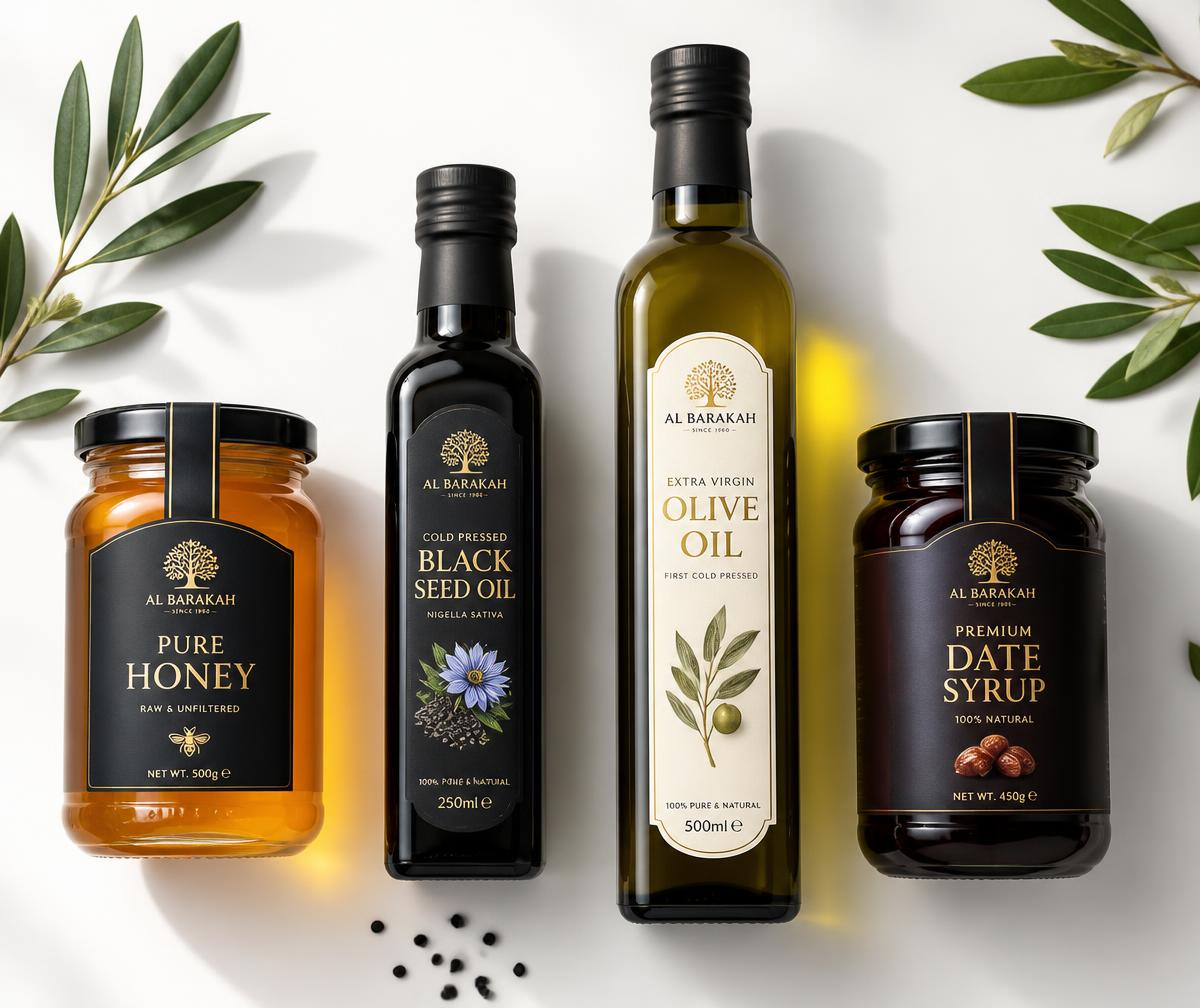 Rangkaian produk herbal premium: madu, habbatussauda, minyak zaitun, dan sari kurma